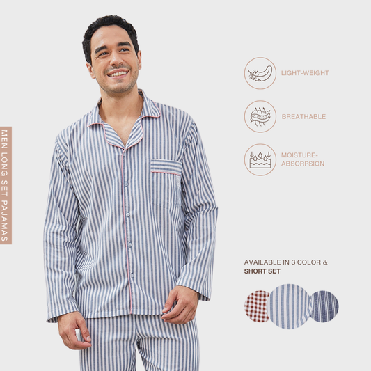 Cottonbee One Set Piyama Katun Pria Varian Blue Panna
