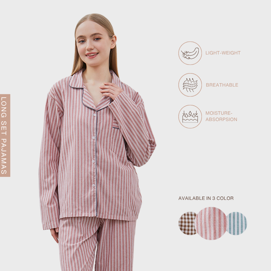 Cottonbee One Set Piyama Cotton Pria dan Wanita Varian Rose Toffee