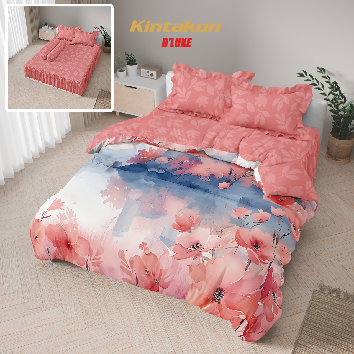 Kintakun Dluxe Bedcover Set Rumbai Digital Print Motif Florie Tinggi 39 cm