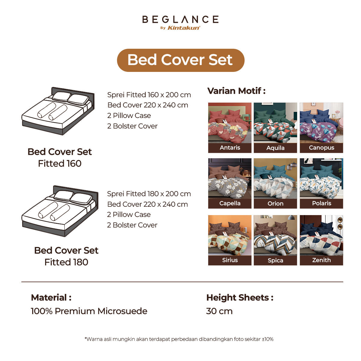 Beglance Bedcover Set Fitted Microtex Isola Premium Microsuede 30cm
