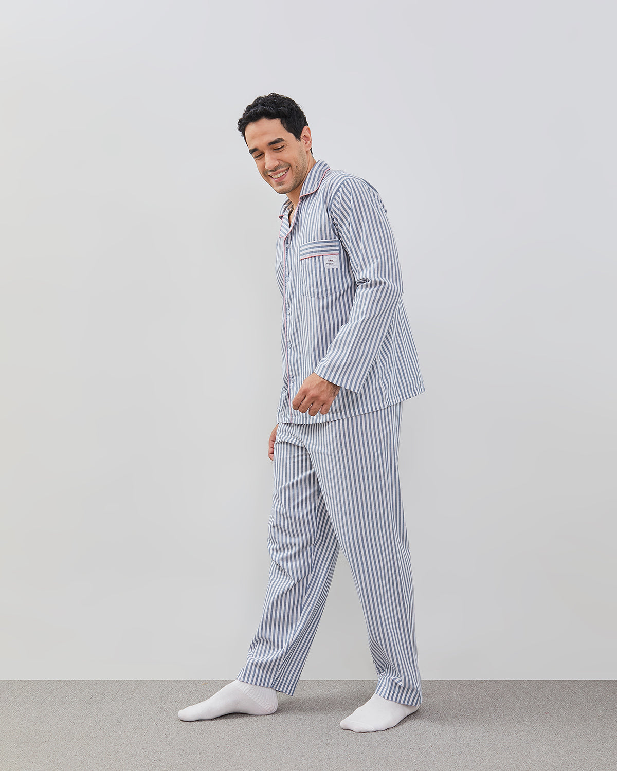 Cottonbee One Set Piyama Katun Pria Varian Blue Panna