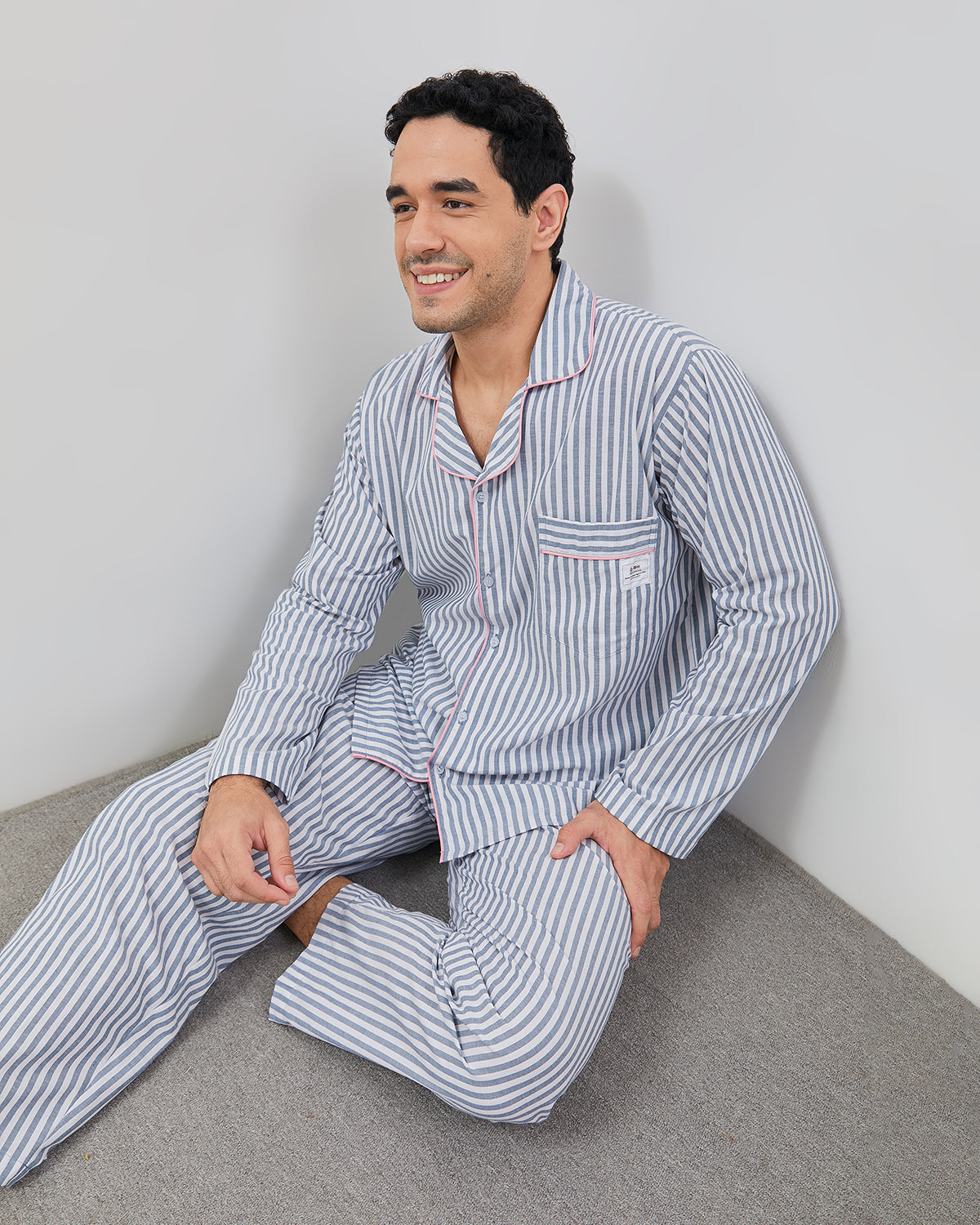 Cottonbee One Set Piyama Katun Pria Varian Blue Panna