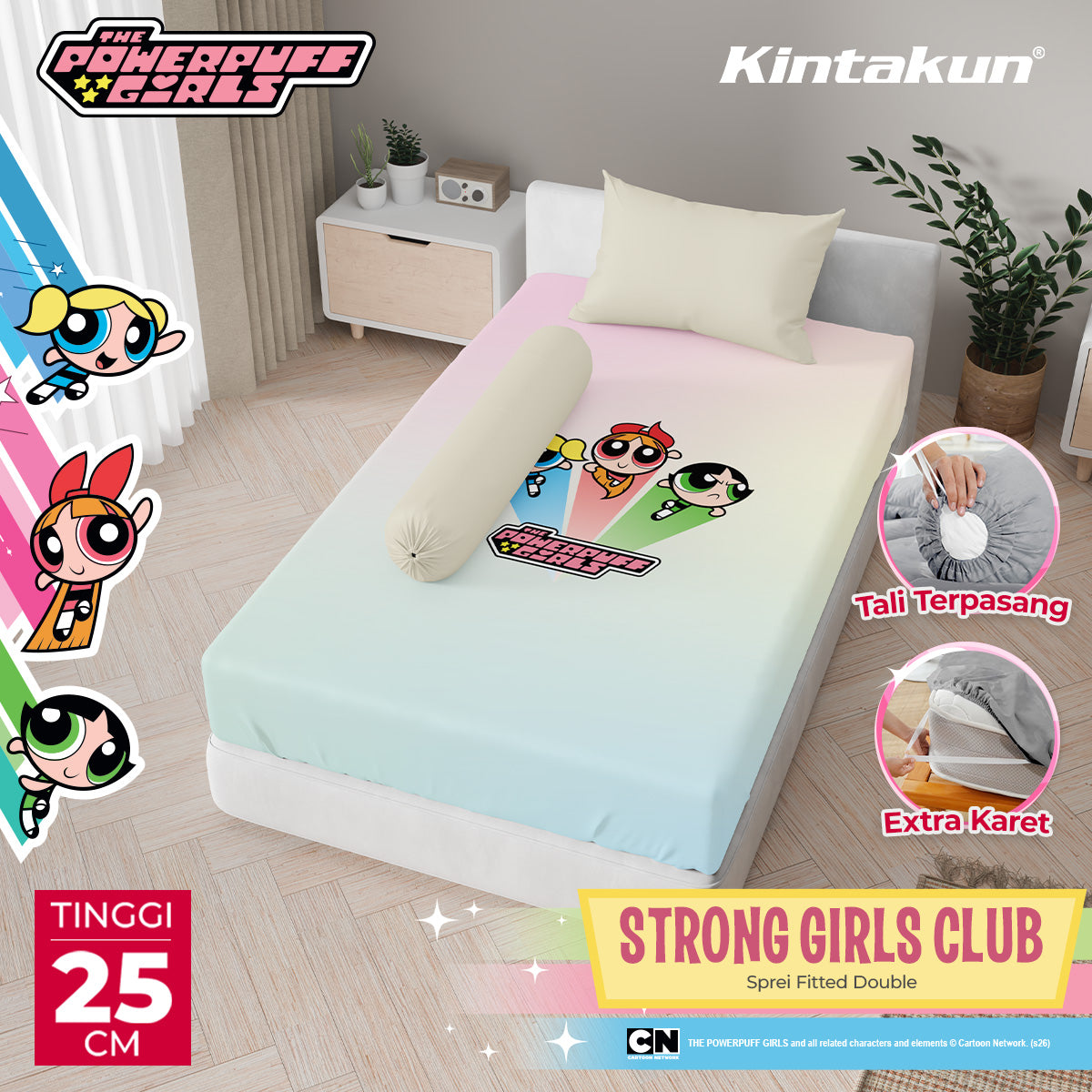 Kintakun DLUXE Sprei Fitted 25cm The Powerpuff Girls Motif Strong Girls Club Varian Size