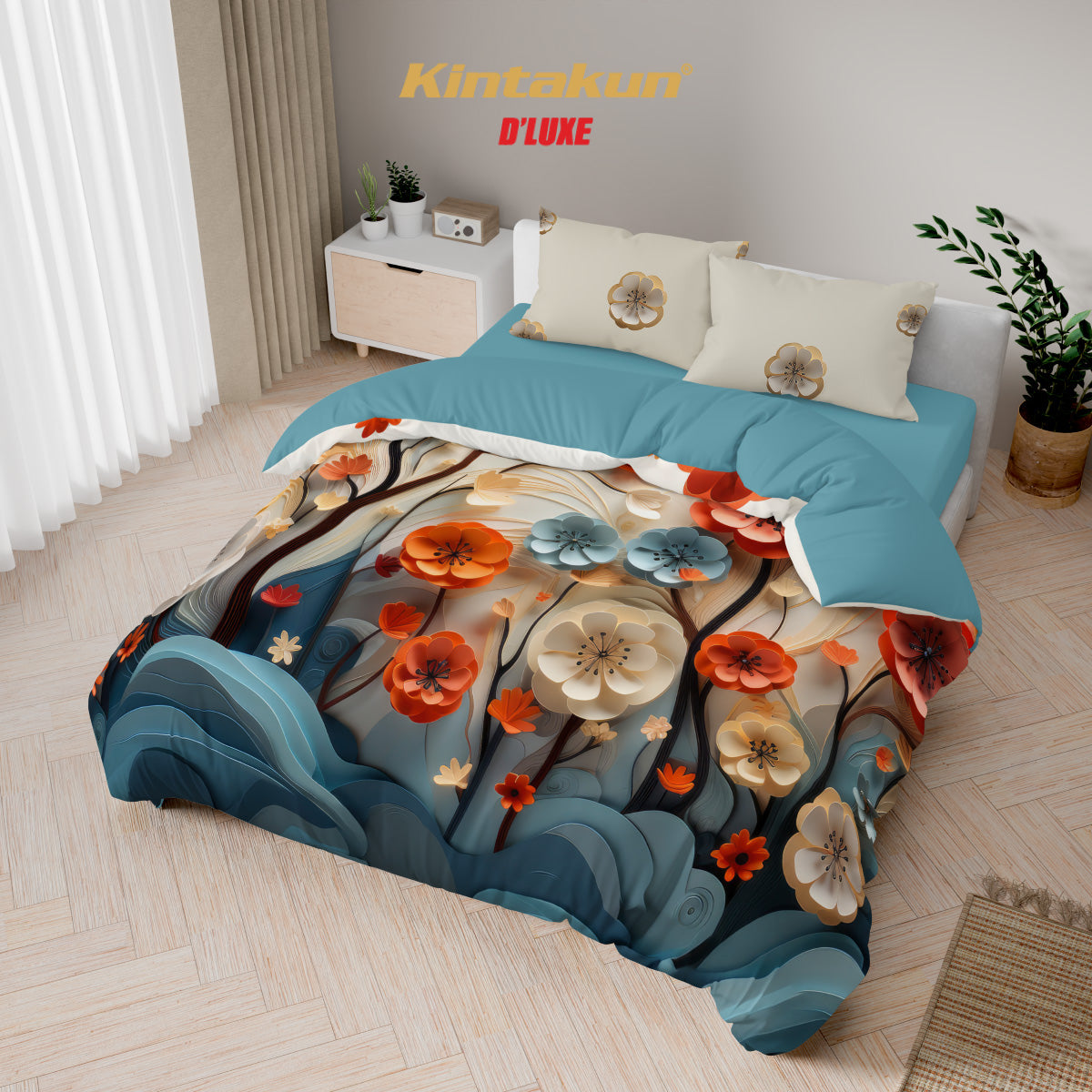 Kintakun Dluxe Bed Cover Set Fitted Digital Printing Motif Rosetta Tinggi 25 cm