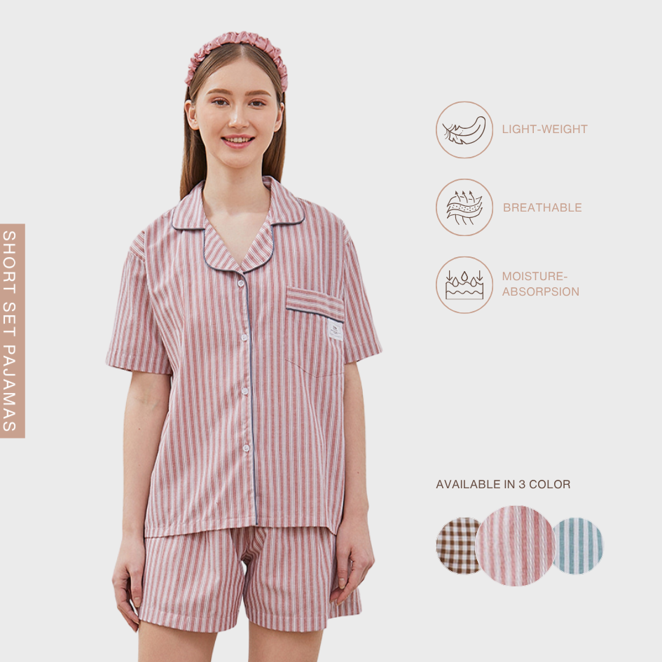 Cottonbee One Set Piyama Cotton Pria dan Wanita Varian Rose Toffee